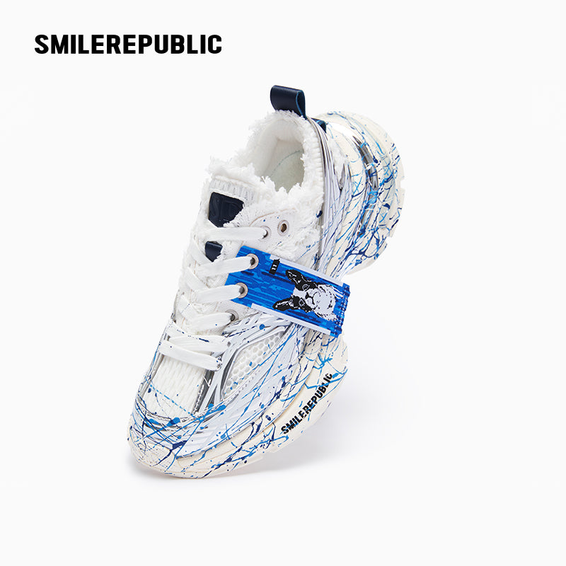 Silver & Blue Mesh Low-Top Chunky Dad Sneakers with Ink Splash Print