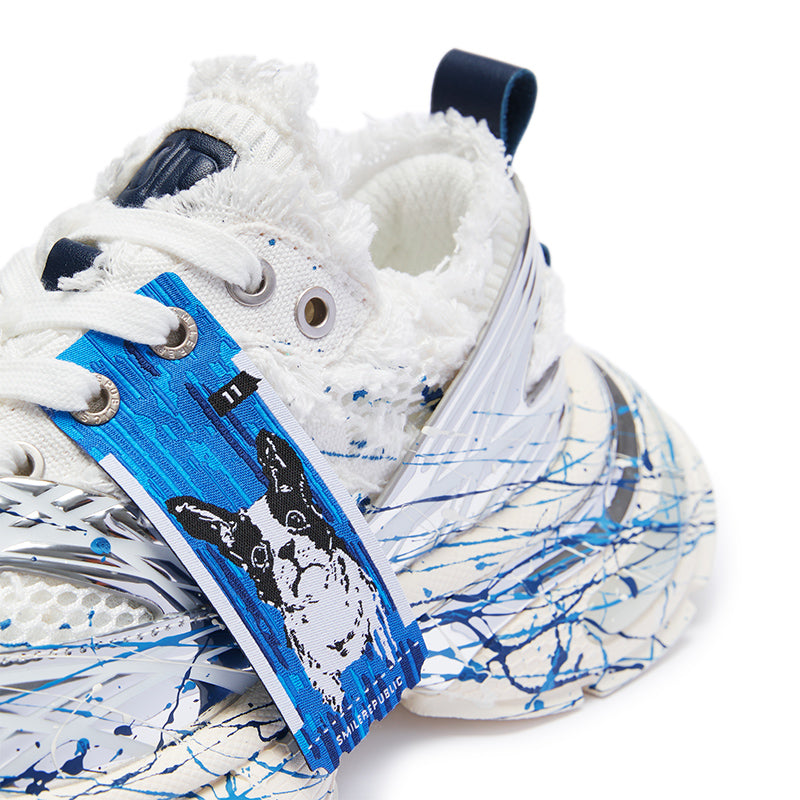 Silver & Blue Mesh Low-Top Chunky Dad Sneakers with Ink Splash Print