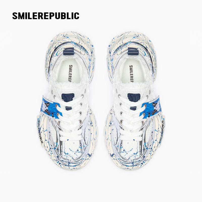Silver & Blue Mesh Low-Top Chunky Dad Sneakers with Ink Splash Print