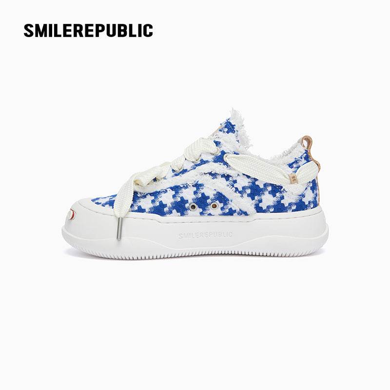 Blue & White Houndstooth Low-Top Platform Sneaker-SMILEREPUBLIC