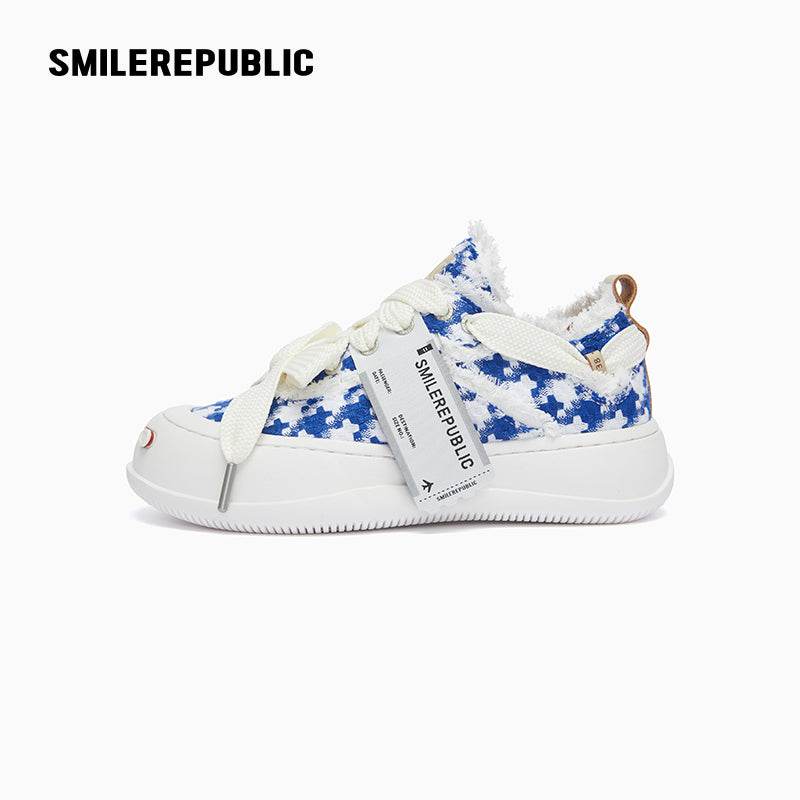 Blue & White Houndstooth Low-Top Platform Sneaker-SMILEREPUBLIC