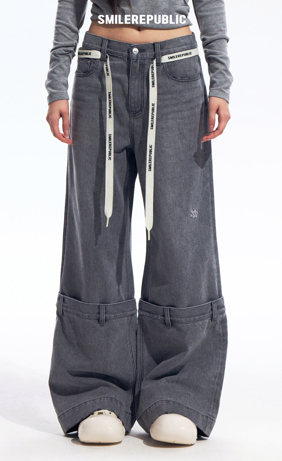 Gray Washed Wide Leg Jeans with Dropped Waist Detail, Cotton Blend Denim Pants for Women 详情图 1