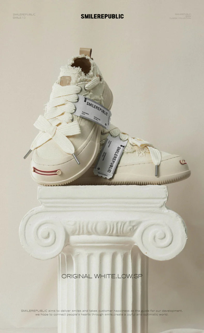 White Coarse Canvas Low-Top Platform Sneaker