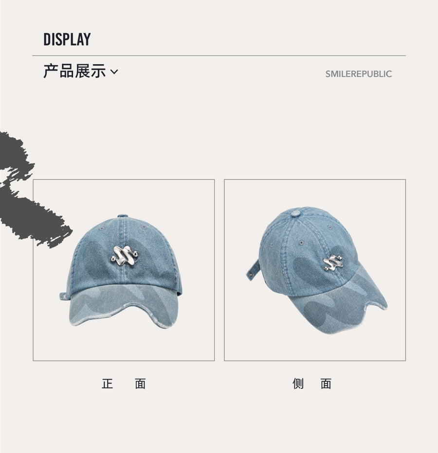 Light Blue Denim Baseball Cap with Metal Smile Logo Detail Adjustable Strap Unisex Hat 详情图 4