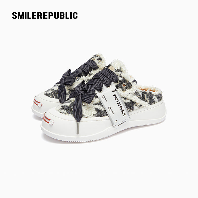 Black and White Herringbone Platform Sneaker Mules with Interchangeable Laces