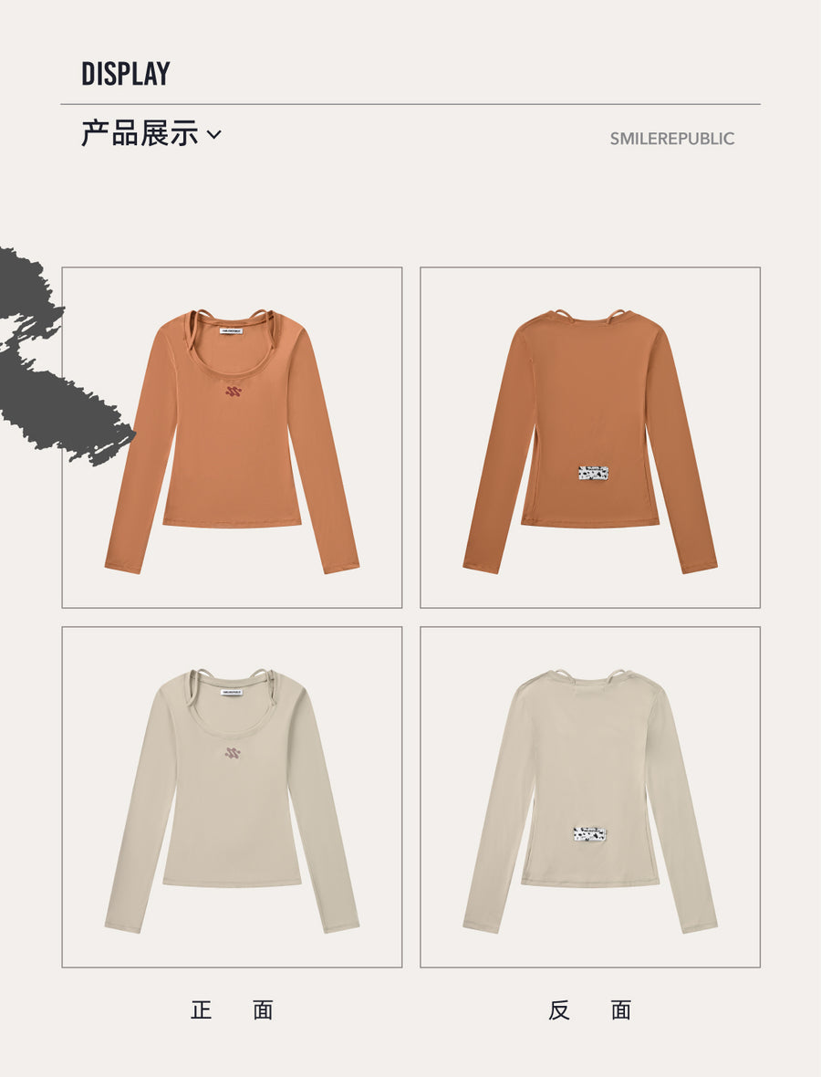 Brown Gray Slim Fit Nylon Spandex Long Sleeve Casual Top for Women, Stretchy Fitted Everyday Shirt 详情图 4