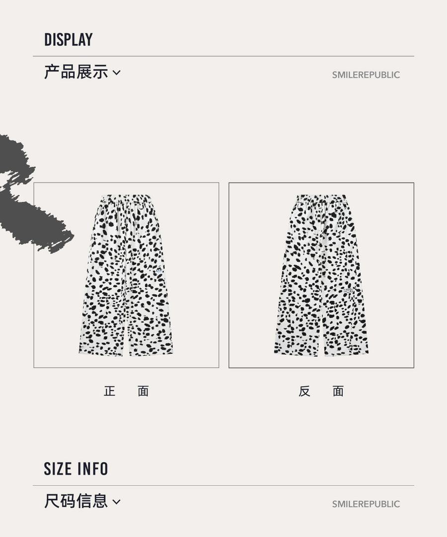 Black White Dalmatian Print Wide Leg Sweatpants Cotton Blend Casual Pants, Unisex 详情图 4
