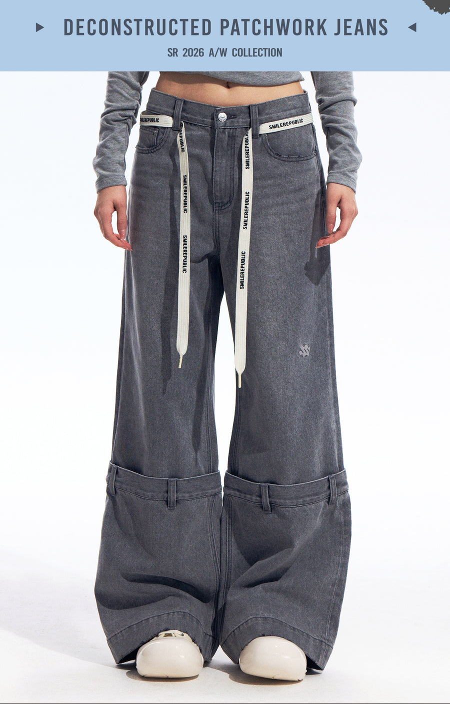 Gray Washed Wide Leg Jeans with Dropped Waist Detail, Cotton Blend Denim Pants for Women 详情图 6