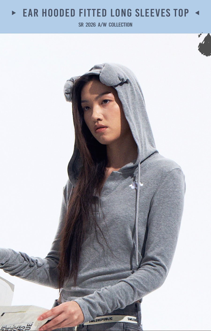 Gray Hooded Sweatshirt with 3D Ear Detail, Viscose Blend Pullover Hoodie for Women 详情图 6