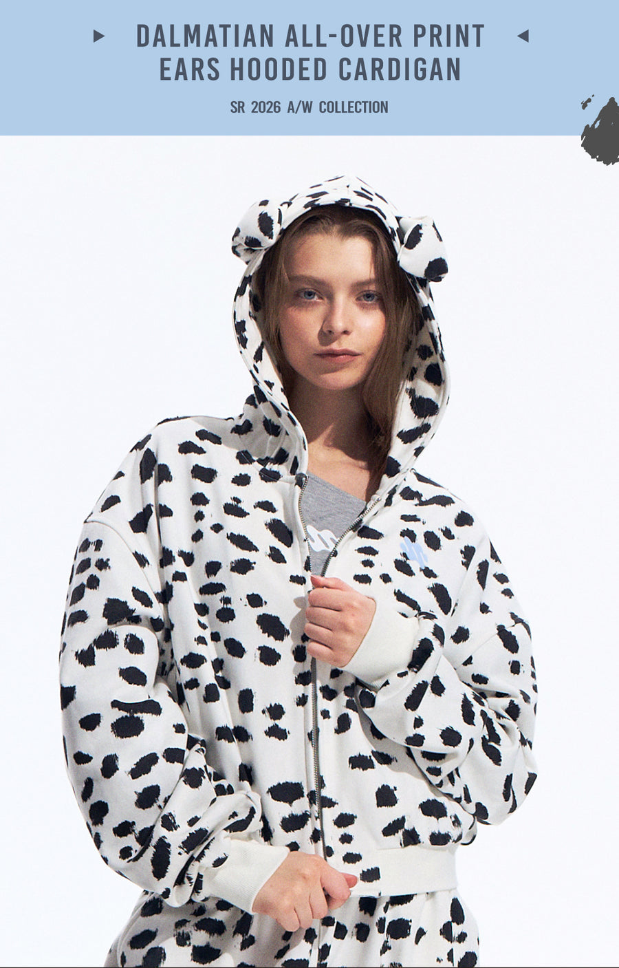 Black White Dalmatian Print Hooded Zip Up Sweatshirt Jacket with 3D Ear Detail, Unisex 详情图 6