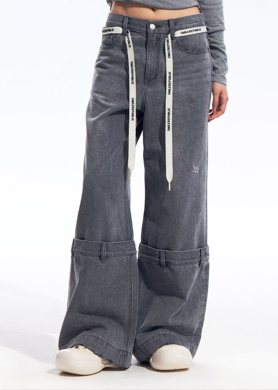 Gray Washed Wide Leg Jeans with Dropped Waist Detail, Cotton Blend Denim Pants for Women 详情图 7