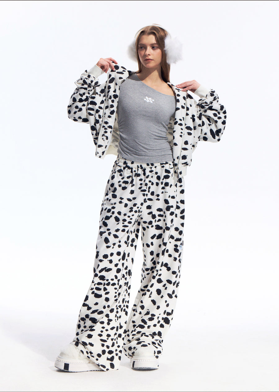 Black White Dalmatian Print Hooded Zip Up Sweatshirt Jacket with 3D Ear Detail, Unisex 详情图 8
