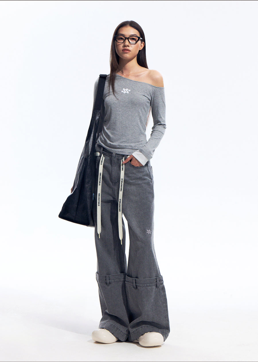 Gray Washed Wide Leg Jeans with Dropped Waist Detail, Cotton Blend Denim Pants for Women 详情图 8