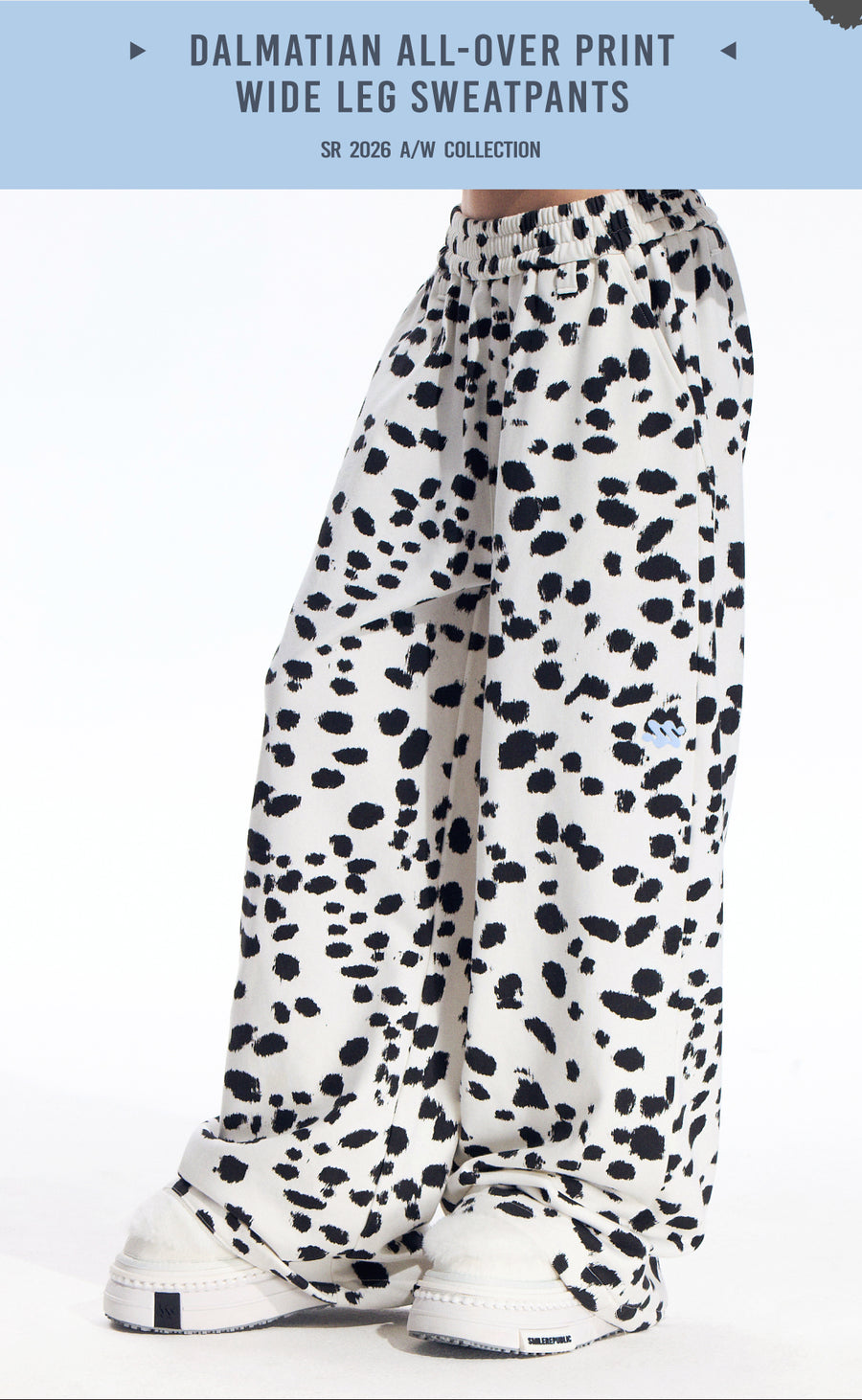 Black White Dalmatian Print Wide Leg Sweatpants Cotton Blend Casual Pants, Unisex 详情图 7