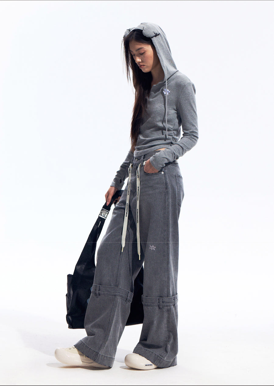 Gray Hooded Sweatshirt with 3D Ear Detail, Viscose Blend Pullover Hoodie for Women 详情图 9