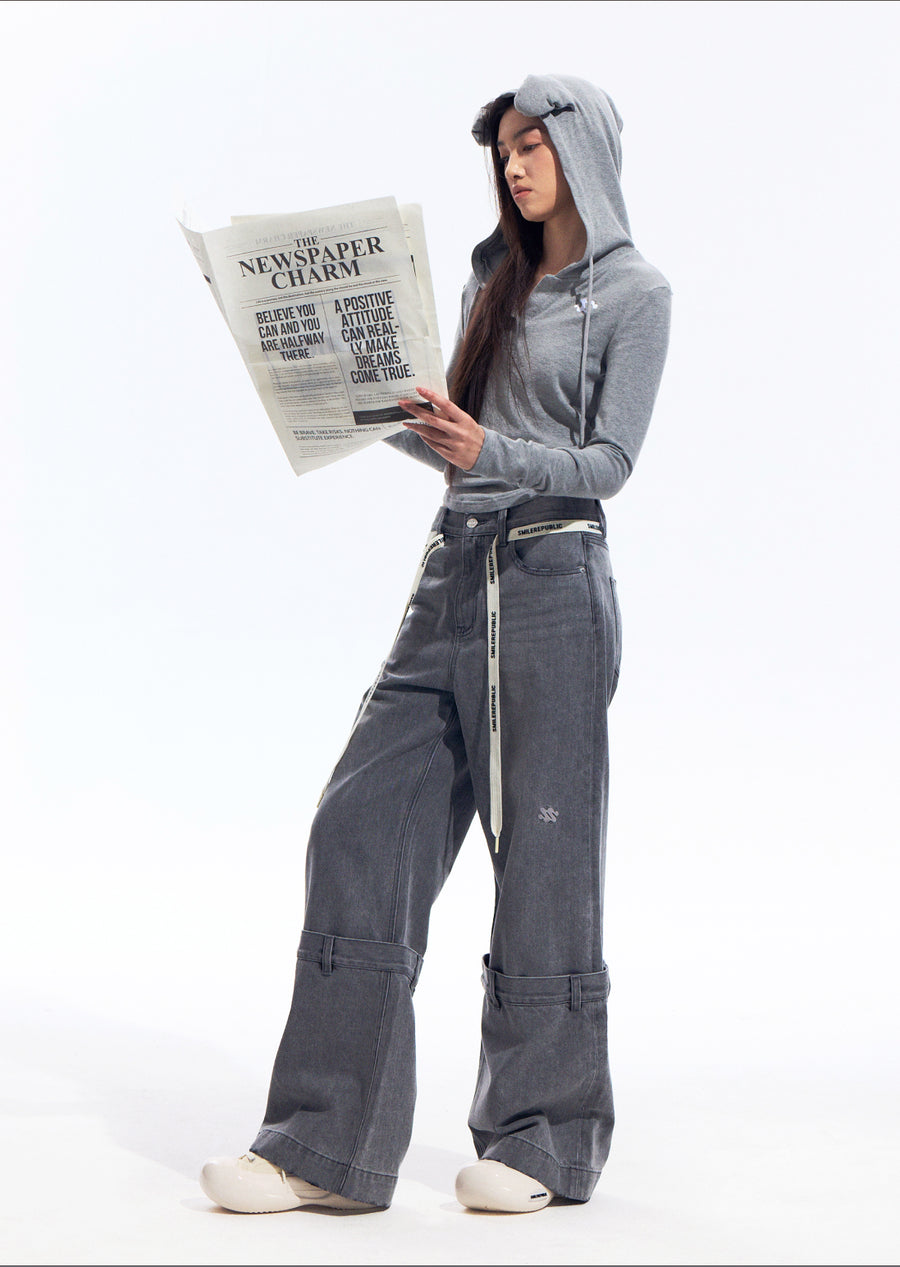 Gray Washed Wide Leg Jeans with Dropped Waist Detail, Cotton Blend Denim Pants for Women 详情图 9