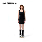 Black Cotton Blend Logo Graphic Scoop Neck Fitted Knit Tank Mini Dress for Women