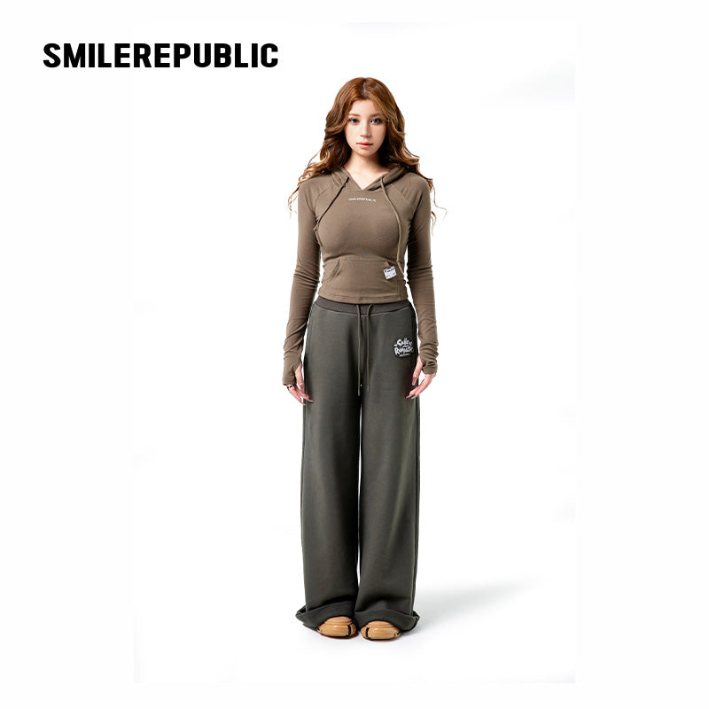 Dark Green-Gray Stretch Regenerated Cellulose Wool Blend Slim Fit Cropped Graphic Hoodie for Women