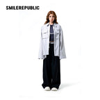 Gray Striped 100% Cotton Oversized Long Sleeve Button-Up Shirt with Chest Pockets