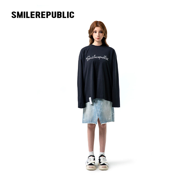 Denim Blue Metallic Coated Washed Denim Skirt with Asymmetric Front Slit and Raw Hem for Women