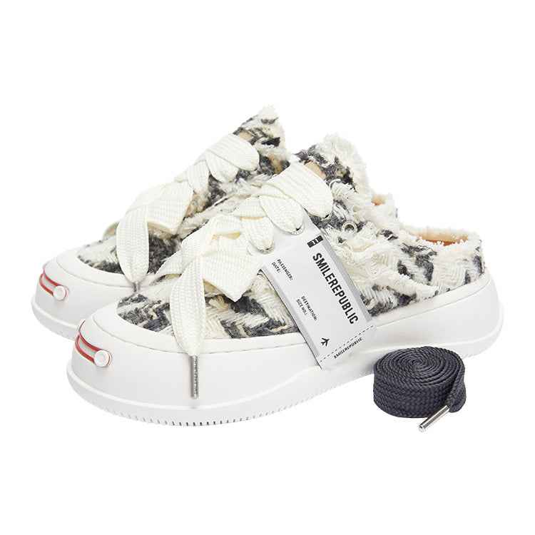 Black White Frayed Herringbone Platform Sneaker Mules, Unisex Backless Lace Up Shoes