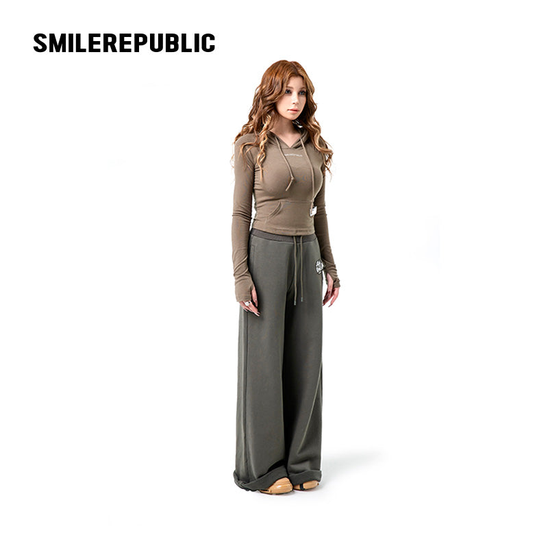 Dark Green 100% Cotton A-Line Wide Leg Sweatpants with Drawstring Waist and Logo Graphic