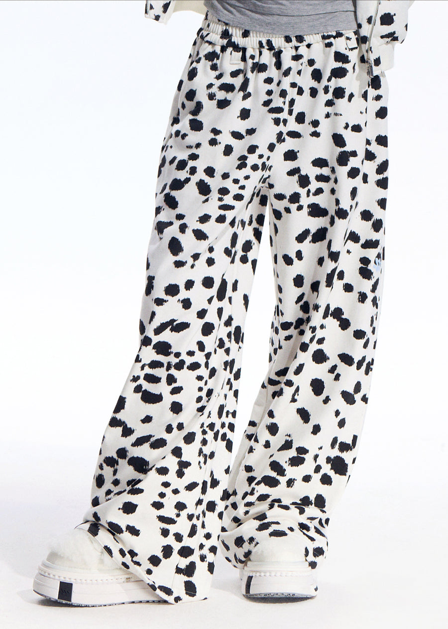 Black White Dalmatian Print Wide Leg Sweatpants Cotton Blend Casual Pants, Unisex 详情图 8