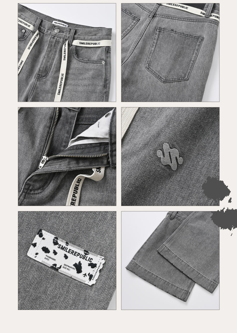 Gray Washed Wide Leg Jeans with Dropped Waist Detail, Cotton Blend Denim Pants for Women 详情图 11