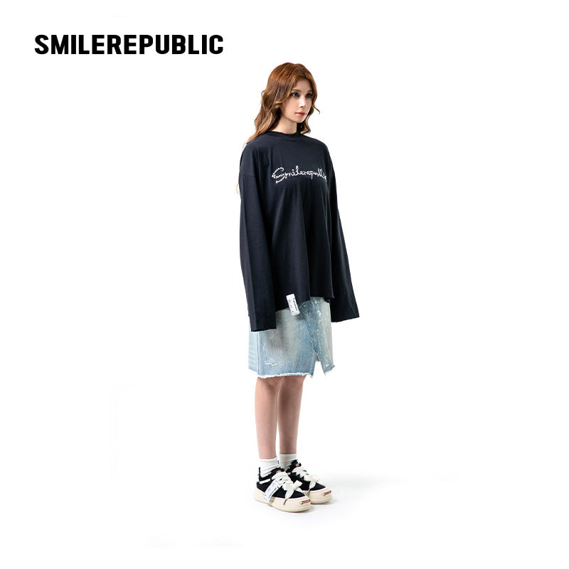 Denim Blue Metallic Coated Washed Denim Skirt with Asymmetric Front Slit and Raw Hem for Women