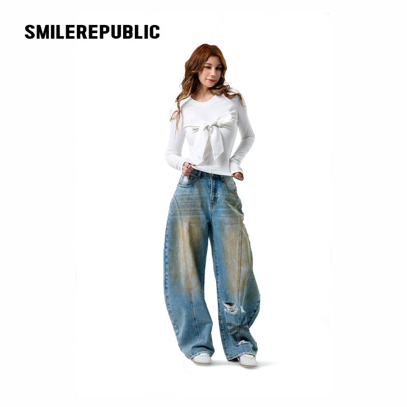 White 100% Cotton Sculptural 3D Bow Long Sleeve Crew Neck Top for Women