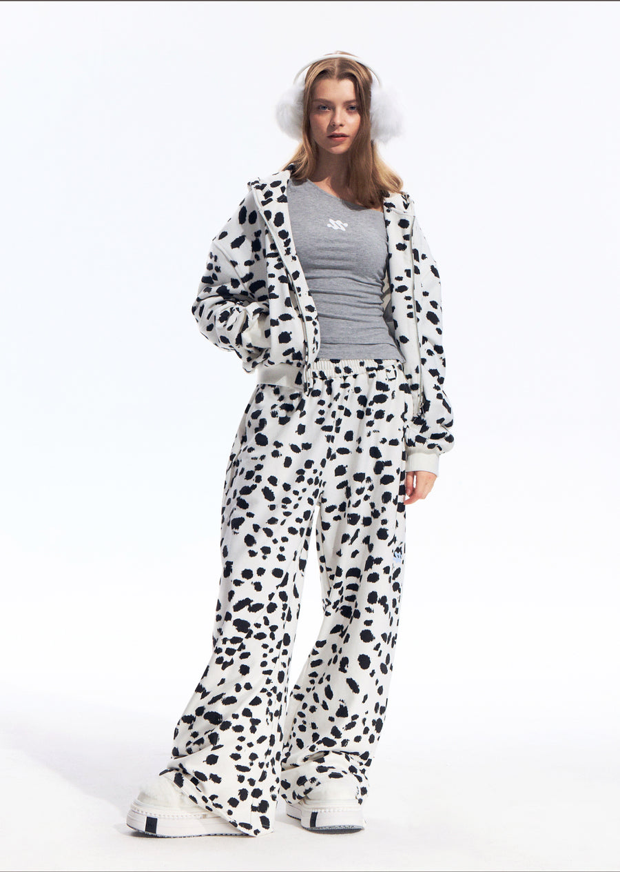 Black White Dalmatian Print Wide Leg Sweatpants Cotton Blend Casual Pants, Unisex 详情图 9