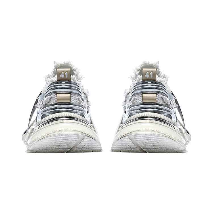 Metallic Silver Mesh Distressed Runner Sneakers, Unisex Low Top Lace Up Shoes
