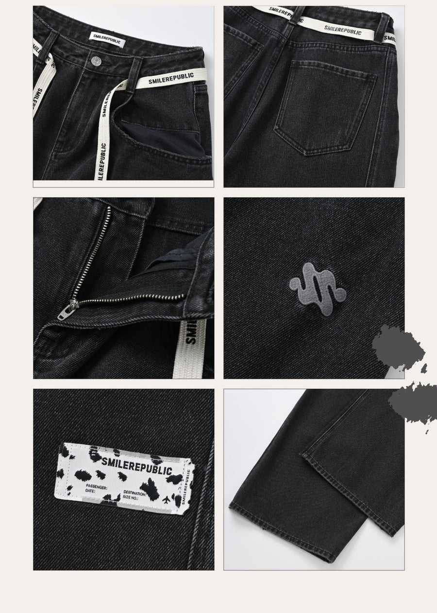 Black Washed Wide Leg Jeans with Adjustable Waist Straps and Relaxed Fit Design 详情图 11