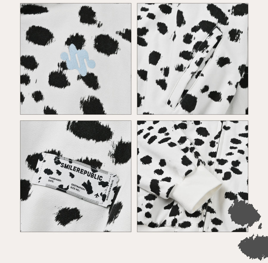 Black White Dalmatian Print Hooded Zip Up Sweatshirt Jacket with 3D Ear Detail, Unisex 详情图 11