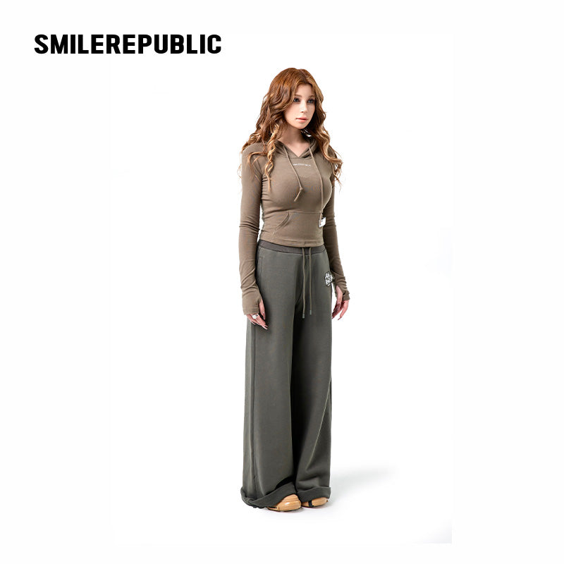 Dark Green-Gray Stretch Regenerated Cellulose Wool Blend Slim Fit Cropped Graphic Hoodie for Women