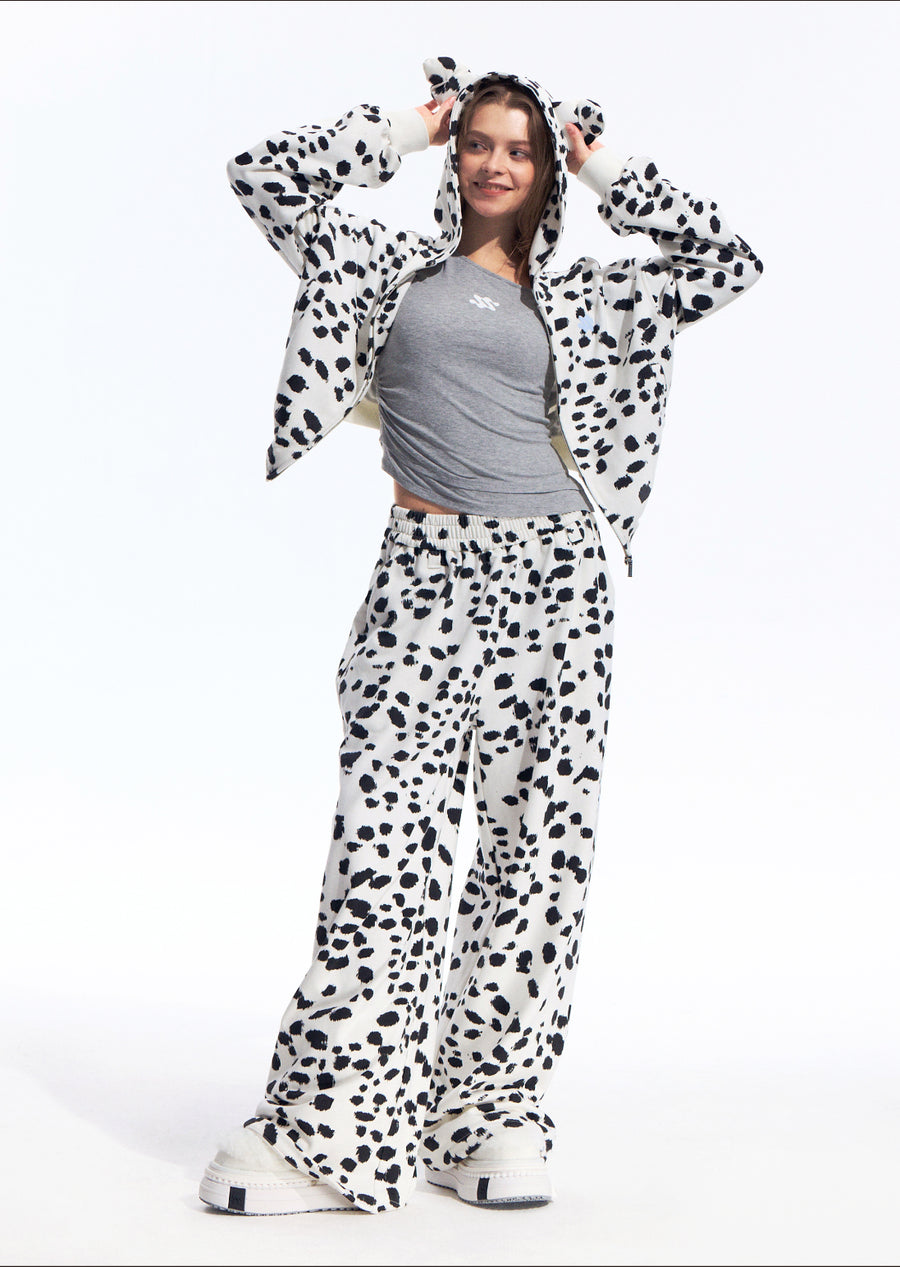 Black White Dalmatian Print Wide Leg Sweatpants Cotton Blend Casual Pants, Unisex 详情图 10