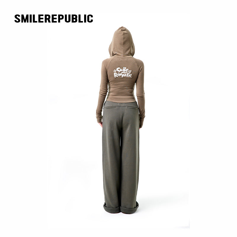 Dark Green-Gray Stretch Regenerated Cellulose Wool Blend Slim Fit Cropped Graphic Hoodie for Women
