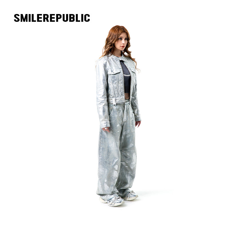 Silver Metallic Coated Cotton Denim Jacket, Cropped Zip Front Stand Collar Style