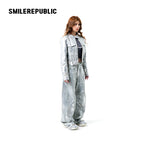 Silver Metallic Coated Cotton Denim Jacket, Cropped Zip Front Stand Collar Style