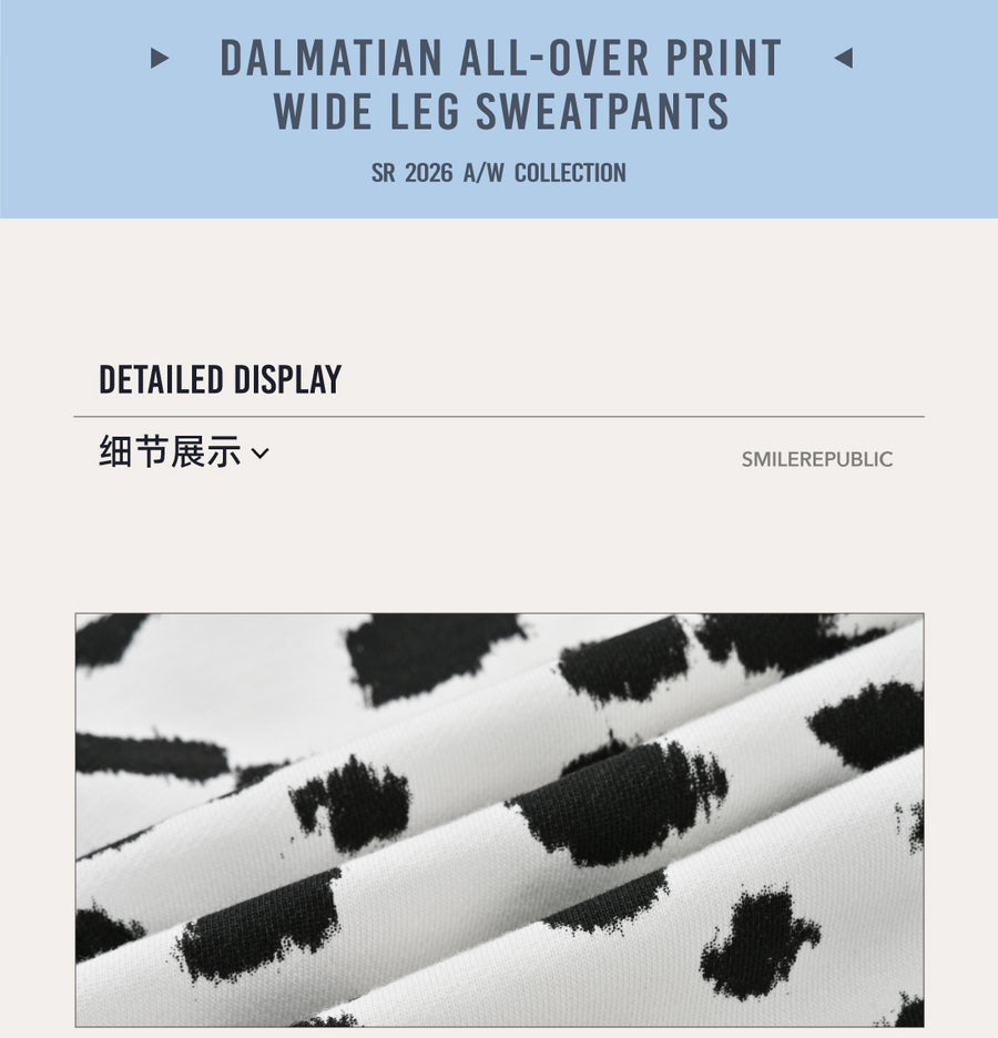 Black White Dalmatian Print Wide Leg Sweatpants Cotton Blend Casual Pants, Unisex 详情图 11