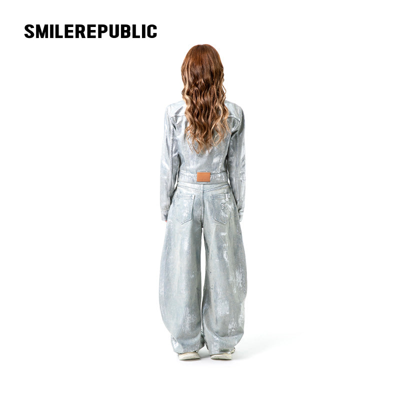 Silver Metallic Coated Cotton Denim Jacket, Cropped Zip Front Stand Collar Style