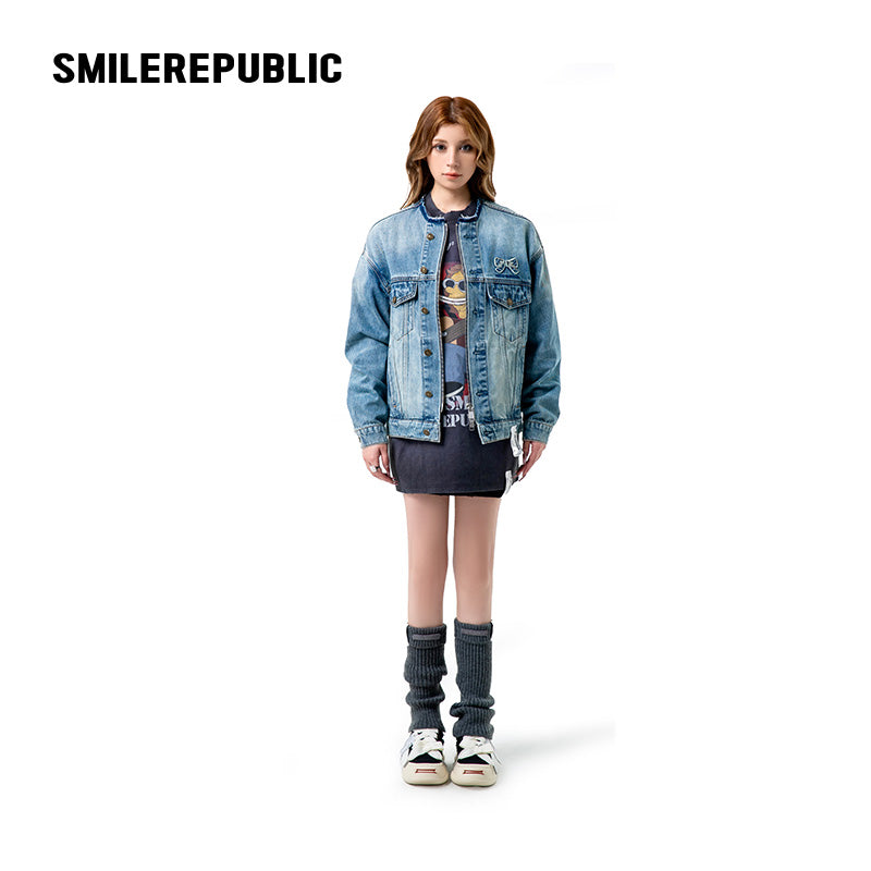 Denim Blue Washed 100% Cotton Oversized Zip Front Denim Jacket with Frayed Back Graphic