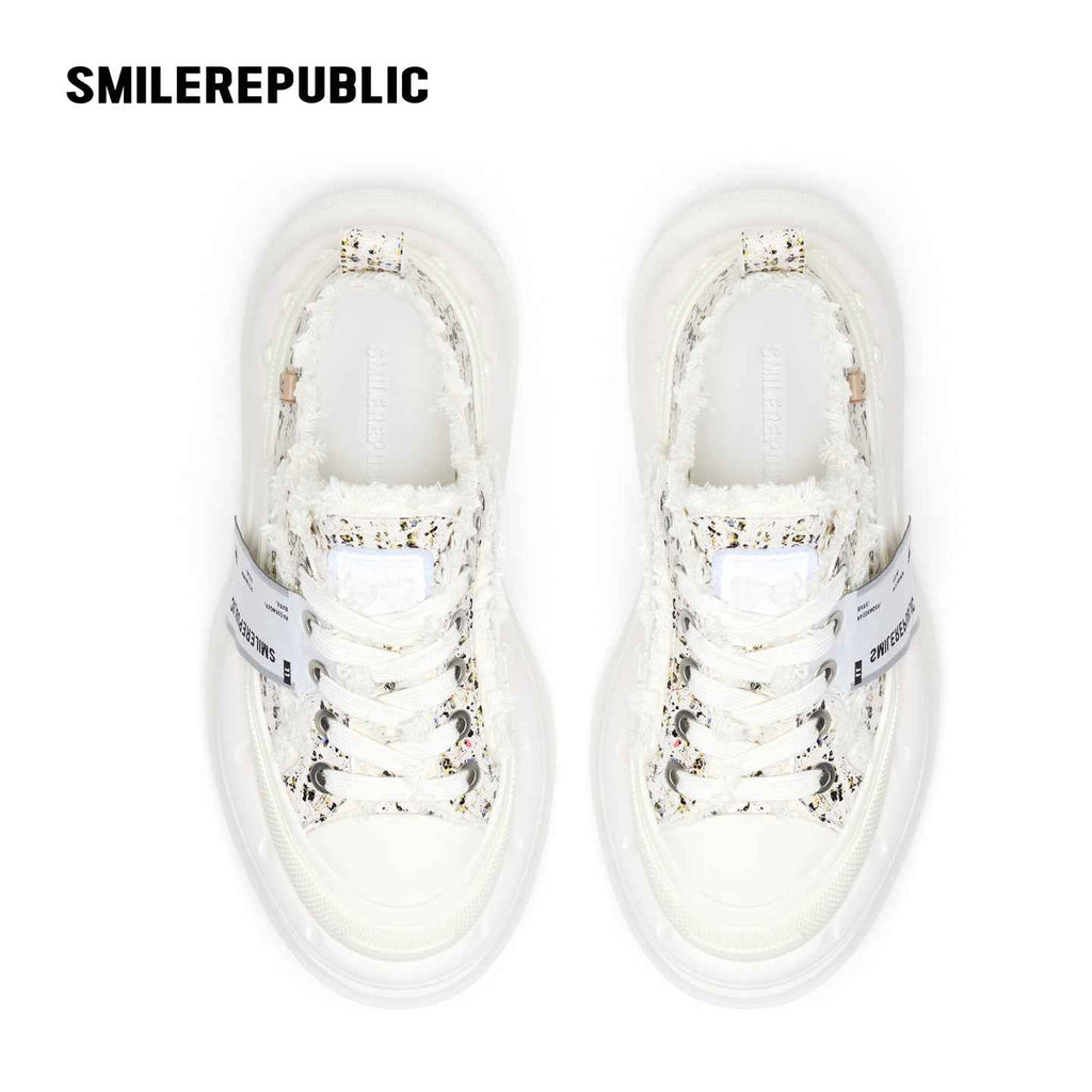 Off White Speckled Tweed Frayed Smile Toe Chunky Platform Sneakers, Unisex Low Top