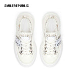 Off White Speckled Tweed Frayed Smile Toe Chunky Platform Sneakers, Unisex Low Top
