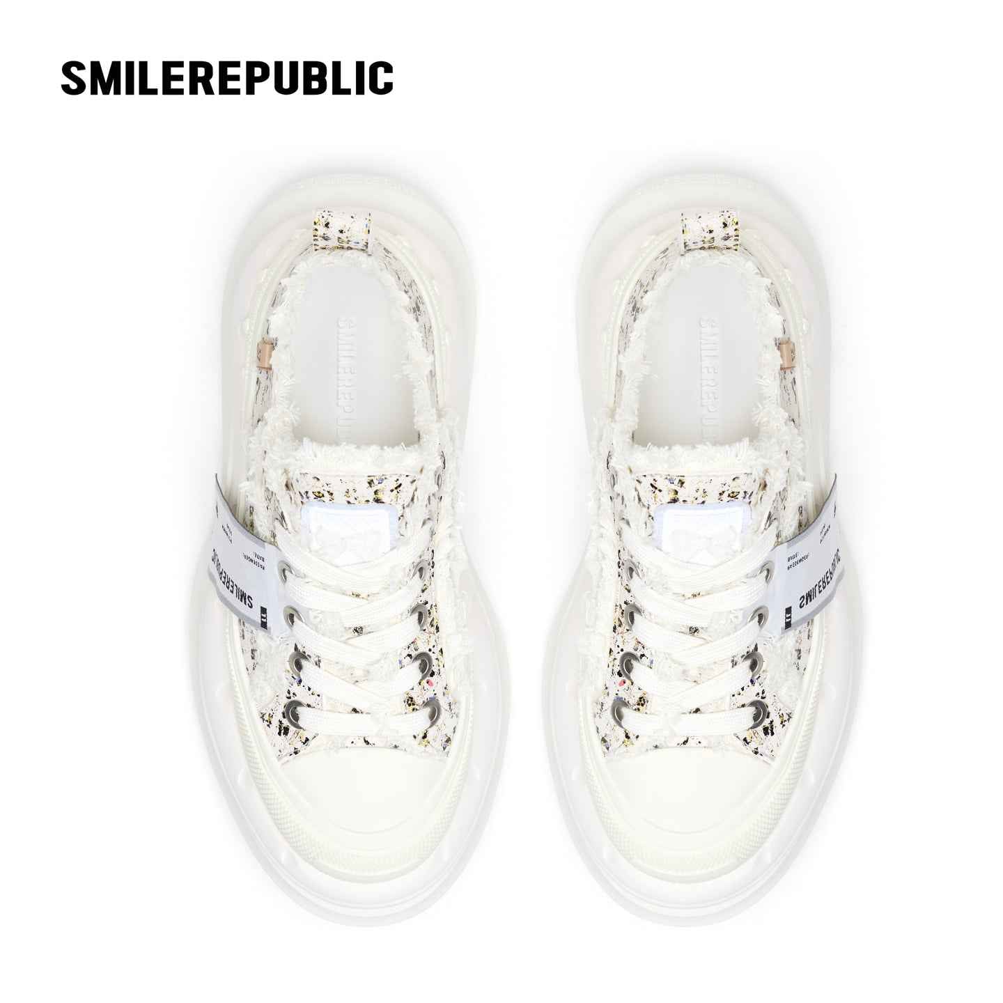 Off White Speckled Tweed Frayed Smile Toe Chunky Platform Sneakers, Unisex Low Top
