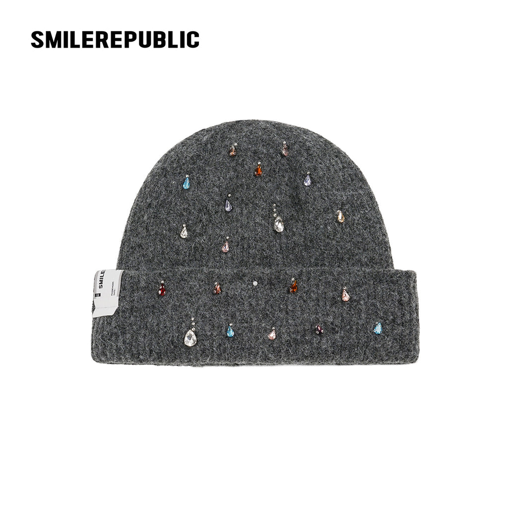 Dark Gray Rhinestone Embellished Fold-Over Knit Beanie with Embroidered Logo