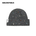 Dark Gray Rhinestone Embellished Fold-Over Knit Beanie with Embroidered Logo