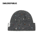 Dark Gray Rhinestone Embellished Fold-Over Knit Beanie with Embroidered Logo