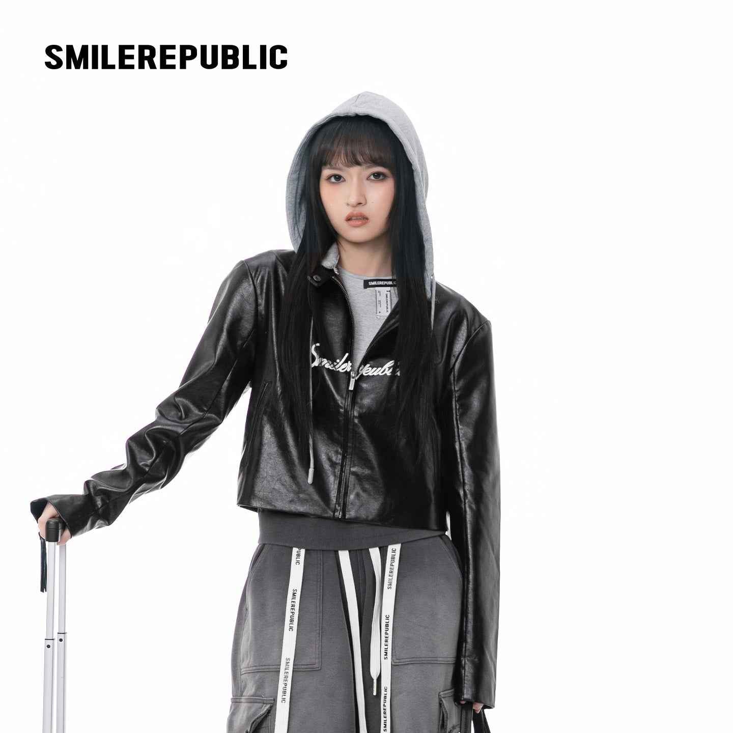 Cherry Red / Black Layered Hooded PU Leather Jacket