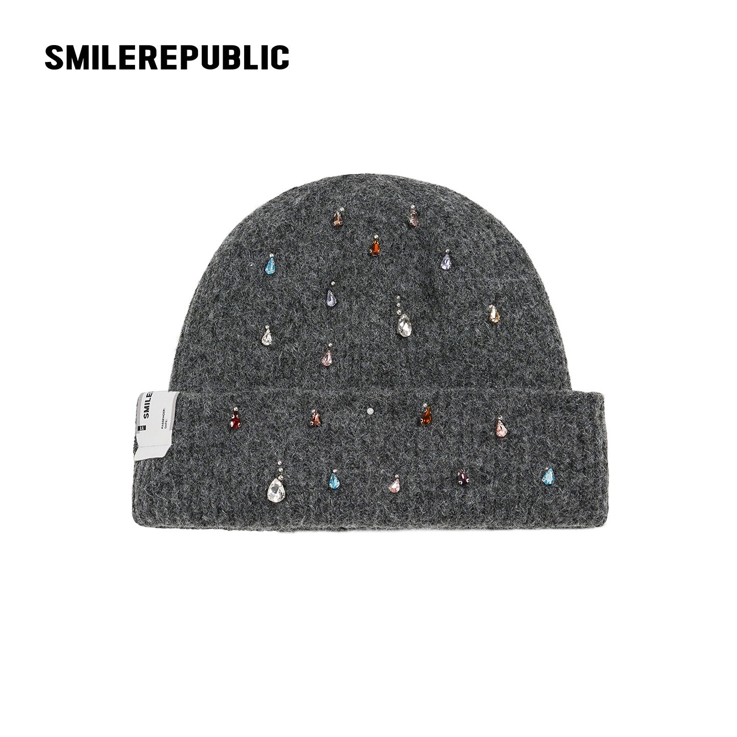 Dark Gray Rhinestone Embellished Fold-Over Knit Beanie with Embroidered Logo